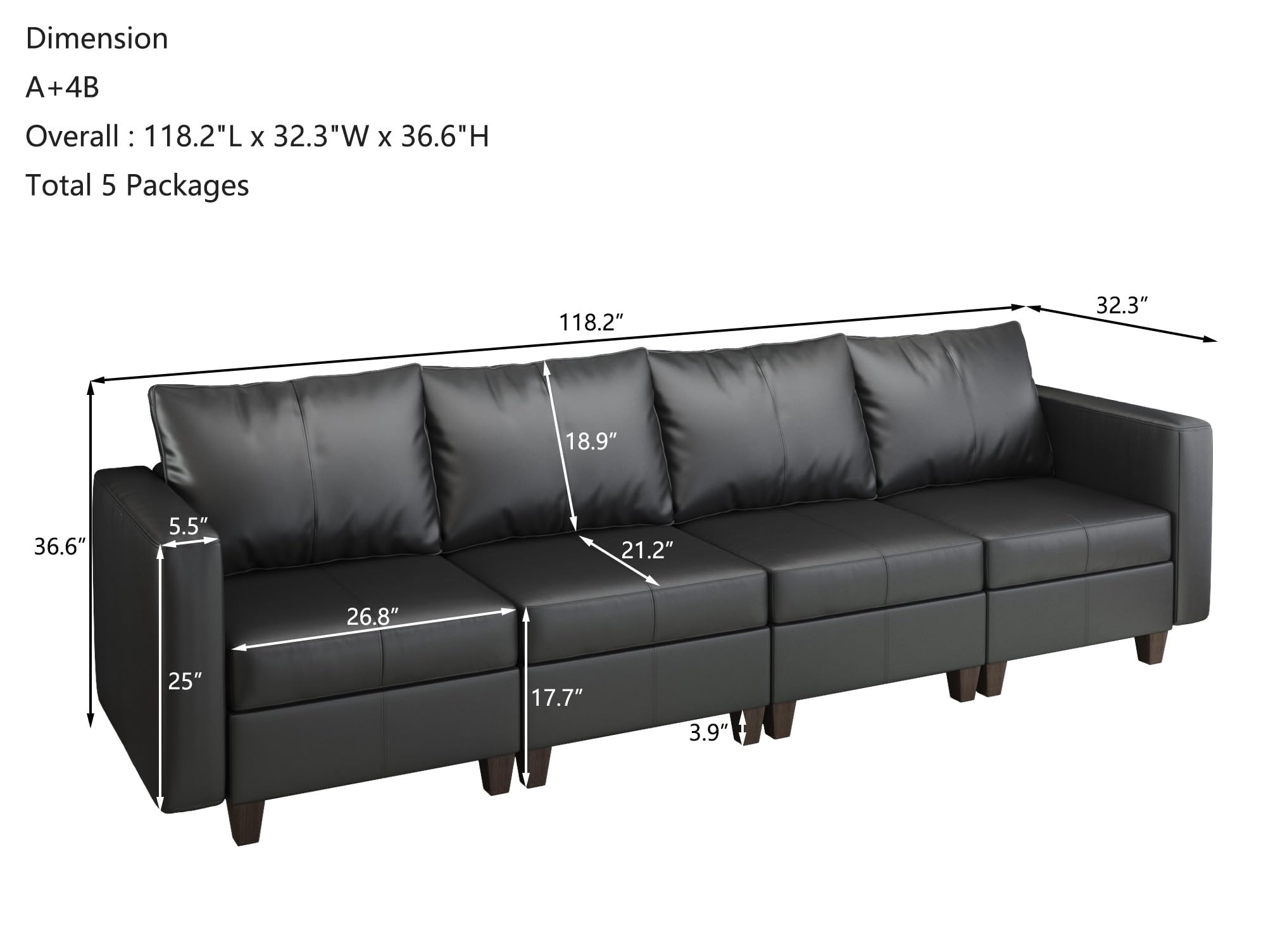 EASE MOOSE Modular Sectional Couch with Storage Seats, 4 Seat Faux Leather Convertible Modular Sofa Sectional Sofa Couch with Reversible Chaises for Small Spaces