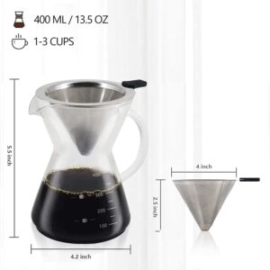 Pour Over Coffee Maker with Stainless Steel Filter, Borosilicate Glass Carafe Manual Coffee Dripper Brewer with Handle, No Paper Filters Needed Hand Drip Coffee Maker (13.5 OZ for 3 Cups)