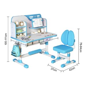 Kids Study Desk and Chair Set, Height Adjustable Kids School Desk, Wood Cartoon Learning Desks, Kids Desk with Storage, Children Study Table with Storage, Large Writing Board, Bookshelf (Blue)