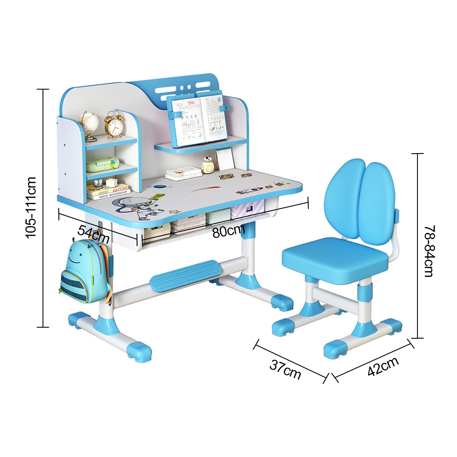 Kids Study Desk and Chair Set, Height Adjustable Kids School Desk, Wood Cartoon Learning Desks, Kids Desk with Storage, Children Study Table with Storage, Large Writing Board, Bookshelf (Blue)