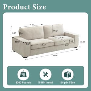 EASELAND Sofa Couch, 88" Chenille Loveseat for Living Room, 3 Seater Lounge Sofa for Bedroom with Removable Back and Seat Cushions, Modern Deep Seat Comfy Couch with Solid Wood Legs and Armrest(Beige)