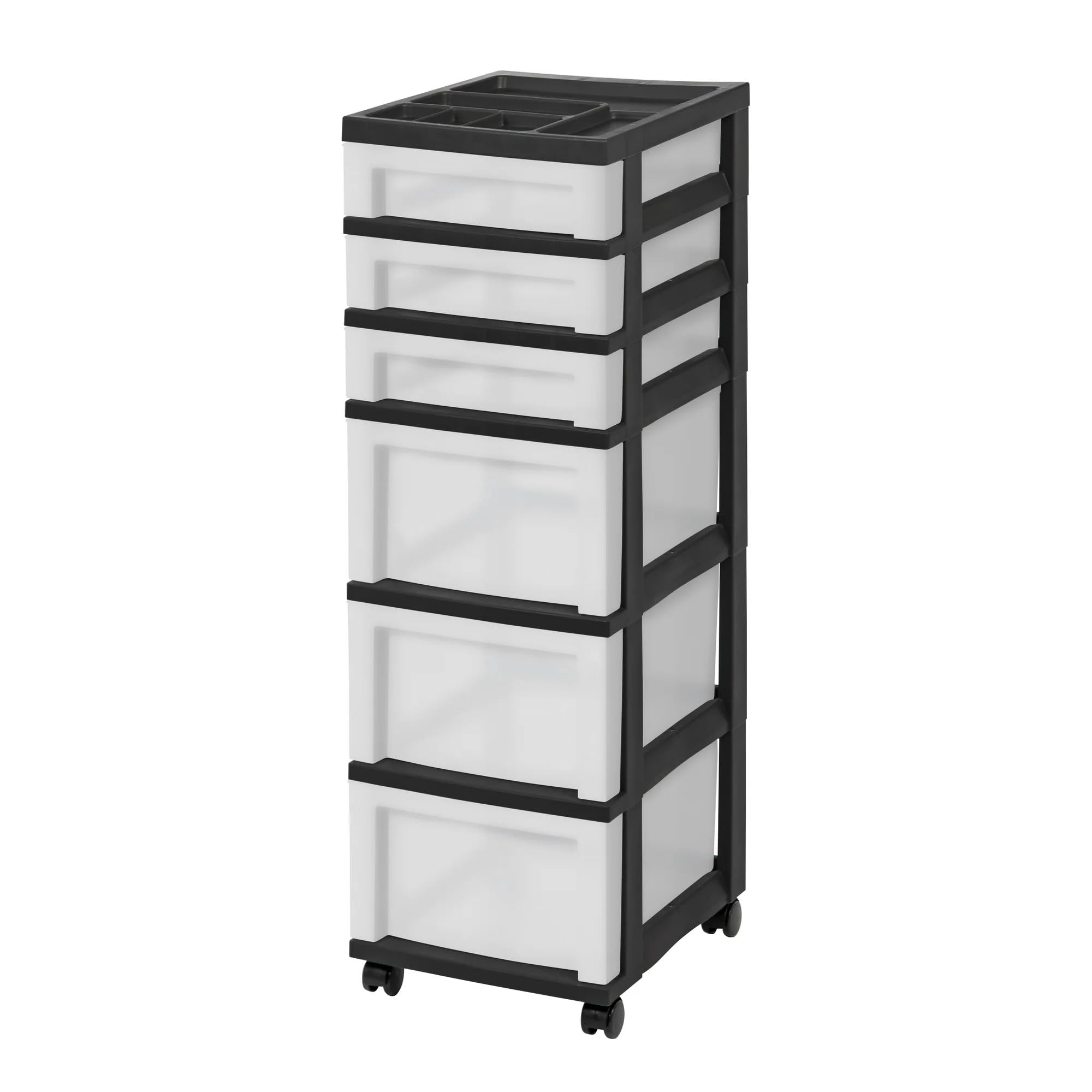 Storage Drawer Tower 6-Drawer Plastic Storage Cart with Organizer Top and Wheels, Clear/Black