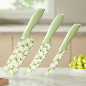 wrewing kitchen knife set, 3 pieces green flower coated knife set with cover, stainless steel non-stick chef knives set with ergonomic plastic handle, lightweight kitchen knives for mother women girl