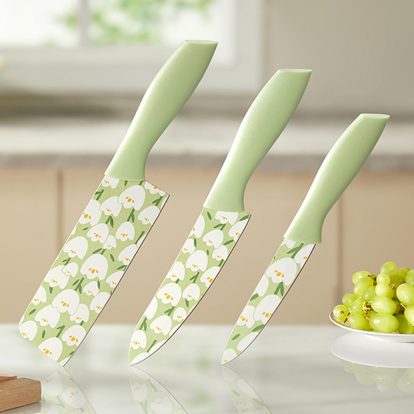 WREWING Kitchen Knife Set, 3 Pieces Green Flower Coated Knife Set with Cover, Stainless Steel Non-Stick Chef Knives Set with Ergonomic Plastic Handle, Lightweight Kitchen Knives for Mother Women Girl