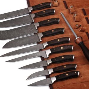 Handmade Damascus Kitchen Chef Knife Set - Professional Damascus Steel Knife Set - 10 pcs Japanese Damascus Knife Set With Leather Bag/Case(10801)