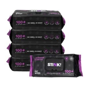 stink! plant based pet wipes - biodegradable - dirt and odor control - grooming wipes for easy cleaning on paws body and bum - lavender scented - 8" x 8" - 400 count - extra thick paw wipes for pets