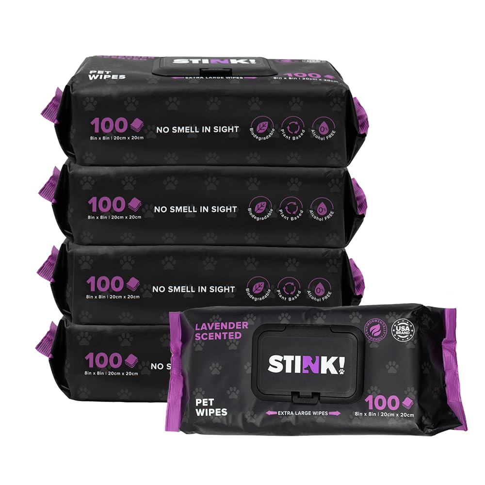 Stink! Plant Based Pet Wipes - Biodegradable - Dirt and Odor Control - Grooming Wipes for Easy Cleaning on Paws Body and Bum - Lavender Scented - 8" x 8" - 400 Count - Extra Thick Paw Wipes for Pets