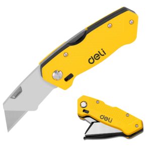 deli folding utility knife box cutter quick change blades, back-lock small utility knife, portable belt clip, with 5-piece extra blades, yellow