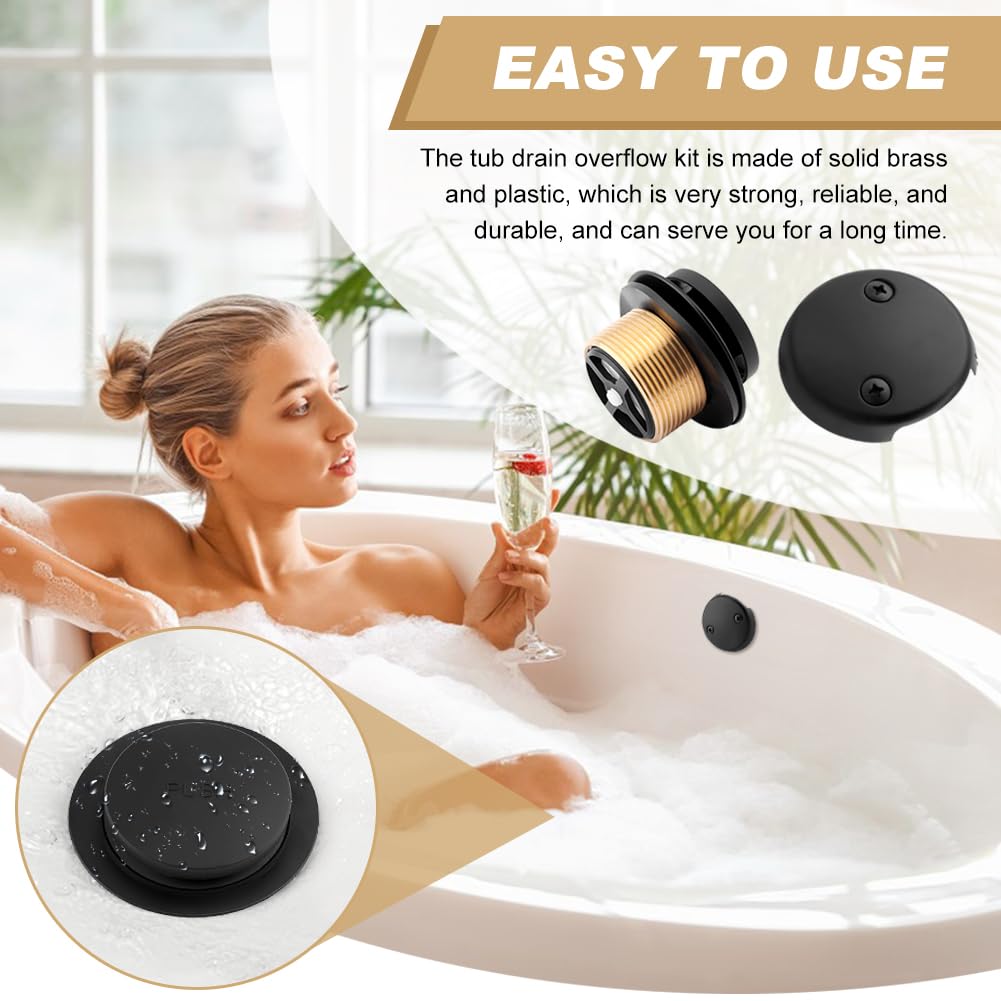 Matte Black Bathtub Drain Kit, Bathtub Drain Stopper Replacement with 2-Hole Overflow Faceplat, Including 1 Brass Threaded Adapter(Color:Black)