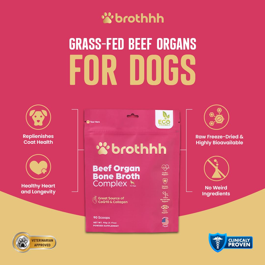 Beef Organ Meal Topper for Dogs - Bone Broth Protein - CoQ10 - Collagen - 100% Grass Fed - Pasture Raised - Veterinarian Approved - Non-GMO - Made in The USA by Brothhh - 3.17 oz. Powder