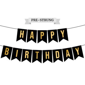 pre-strung happy birthday banner - no diy - black birthday party banner with gold letters - pre-strung on 8 ft strands - black birthday party decorations & decor for men & women. did we mention no diy?