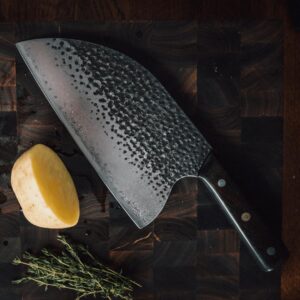 The Cooking Guild Serbian Cleaver Knife - Hand Forged Japanese Damascus Steel Butcher Cleaver for Meat and Vegetables - Rustic Knife with Sheath - Perfect for Outdoor and Kitchen