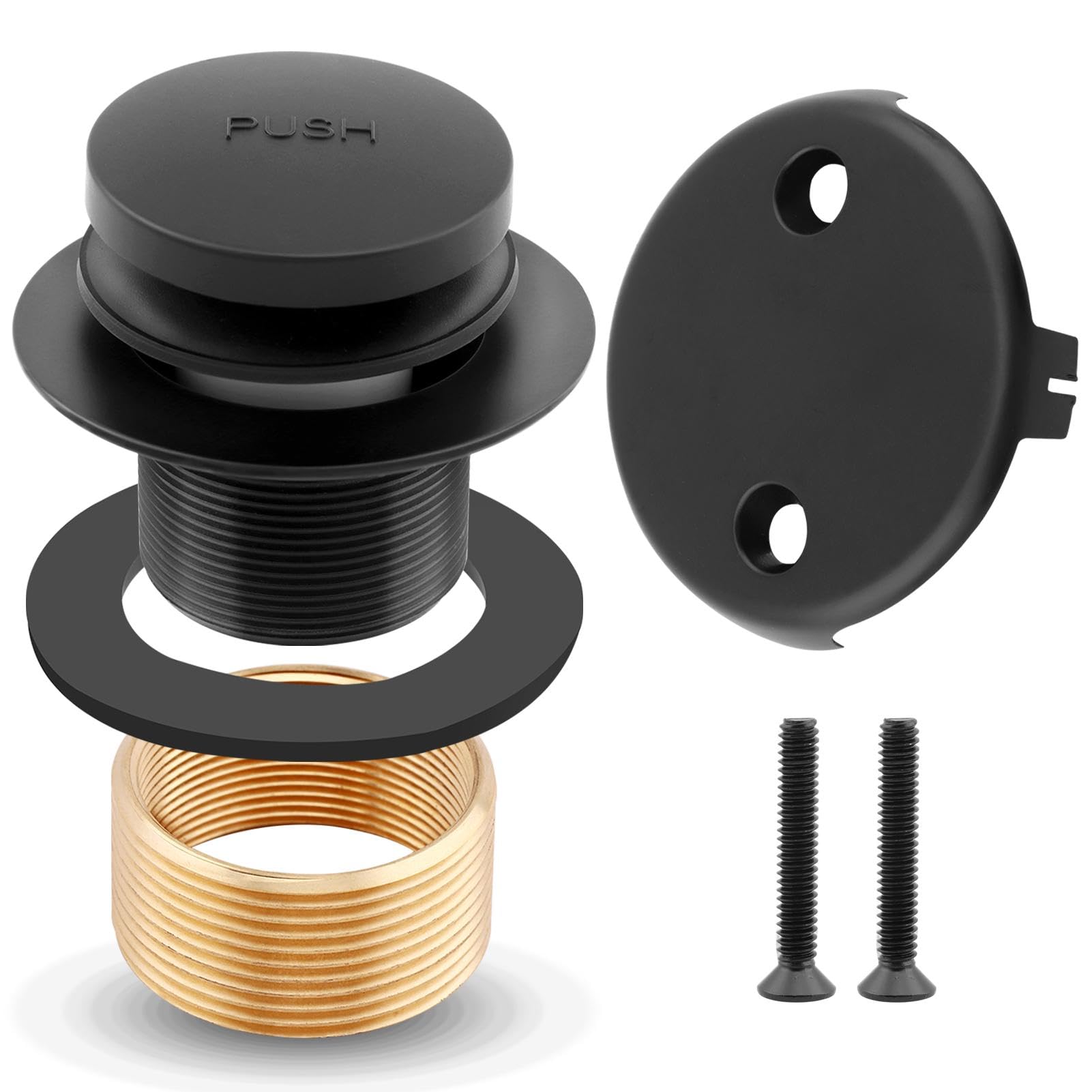 Matte Black Bathtub Drain Kit, Bathtub Drain Stopper Replacement with 2-Hole Overflow Faceplat, Including 1 Brass Threaded Adapter(Color:Black)