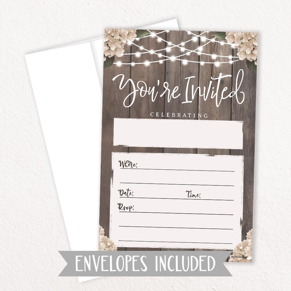 Bridal Shower Rustic Party Invitations - 20 Invites With Envelopes - Wood With String Lights Design - Wedding Reception, Engagement Party, Rehearsal Dinner Party, Milestone Birthday or Housewarming