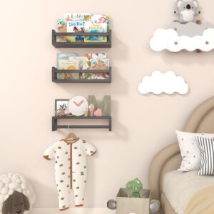 URBANCOZ Floating Nursery Book Shelves for Wall, 15.7 Inch Nature Solid Wood Wall Mounted Bookshelf Set of 3, Hanging Bookshelves for Kids Room, Bedroom Nursery Decor and Book Storage (Black)