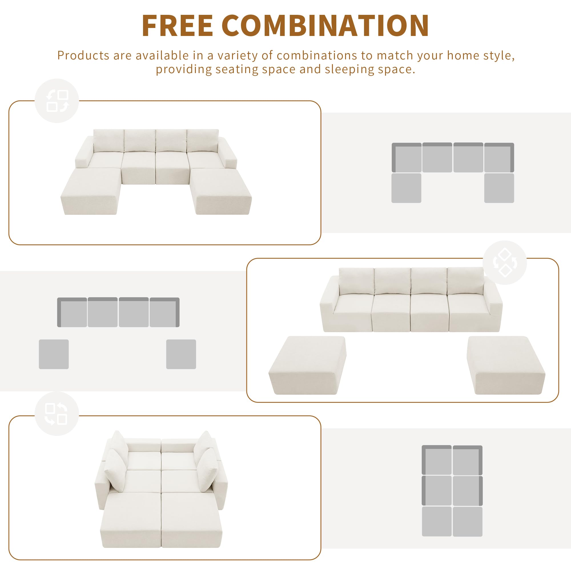 Olodumare U Shaped Minimalist Modular Sectional Sofa Sets, Modern 6 Pcs Luxury Chenille Floor Cloud Couch, Free Combination, Foam-Filled Sleeper Sofa Bed for Living Room, Office, Deep Seat, Beige