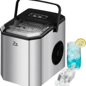 Zstar Ice Maker Countertop with Bullet Ice, 26Lbs/Day, Stainless Steel Portable Ice Machine w/Ice Scoop, 45lb Quiet Design, Self-Cleaning Function and Timer Function for Kitchen Office Home Cafe Bar