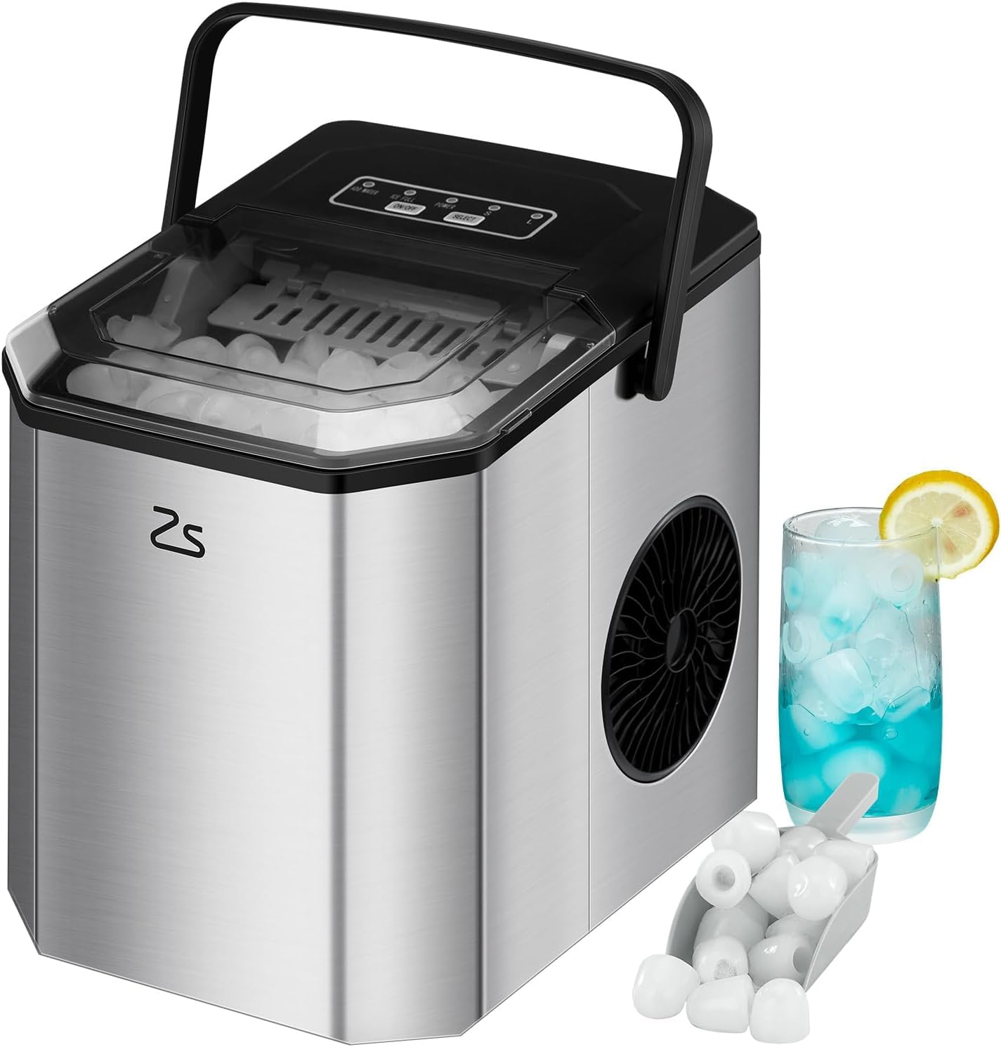 Zstar Ice Maker Countertop with Bullet Ice, 26Lbs/Day, Stainless Steel Portable Ice Machine w/Ice Scoop, 45lb Quiet Design, Self-Cleaning Function and Timer Function for Kitchen Office Home Cafe Bar