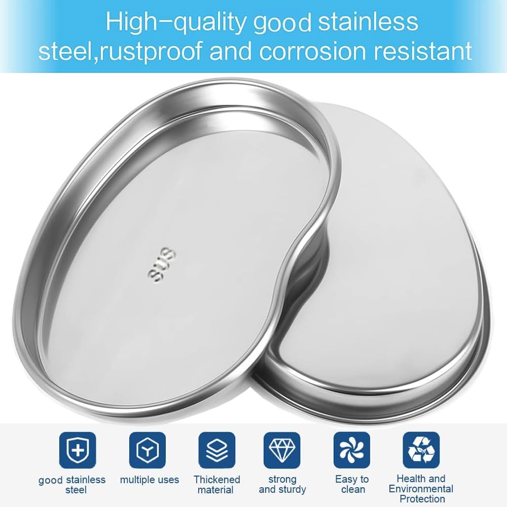 Dental Tray - Prgislew 2 Pack Kidney Trays Stainless Steel Tray Medium Emesis Basin Reusable Metal Kidney Dish for Dental Piercing Lab Instrument Kitchen Pet Bathroom Tools (2pcs)