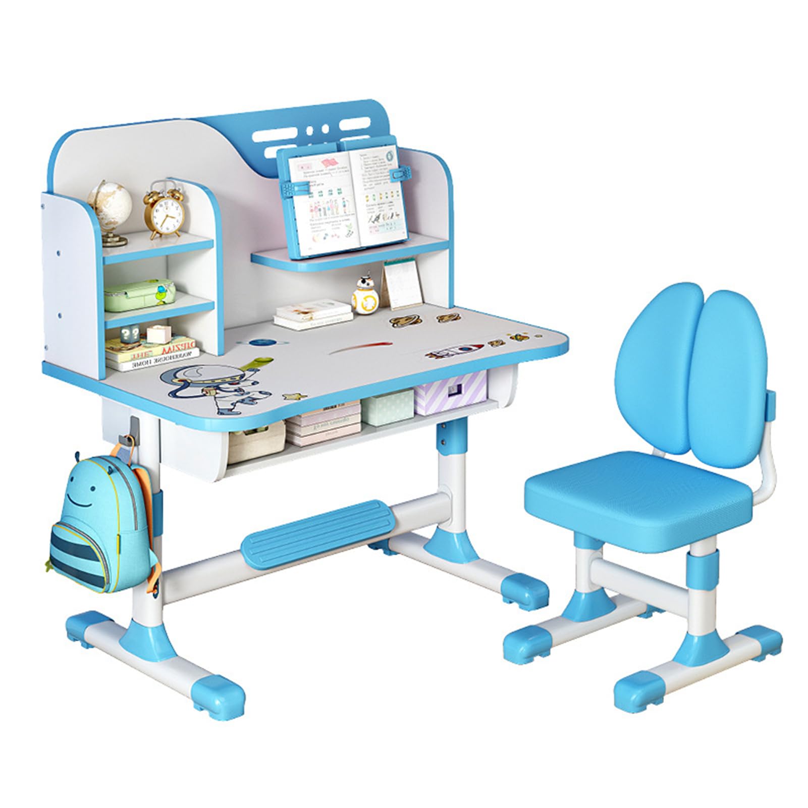 Kids Study Desk and Chair Set, Height Adjustable Kids School Desk, Wood Cartoon Learning Desks, Kids Desk with Storage, Children Study Table with Storage, Large Writing Board, Bookshelf (Blue)