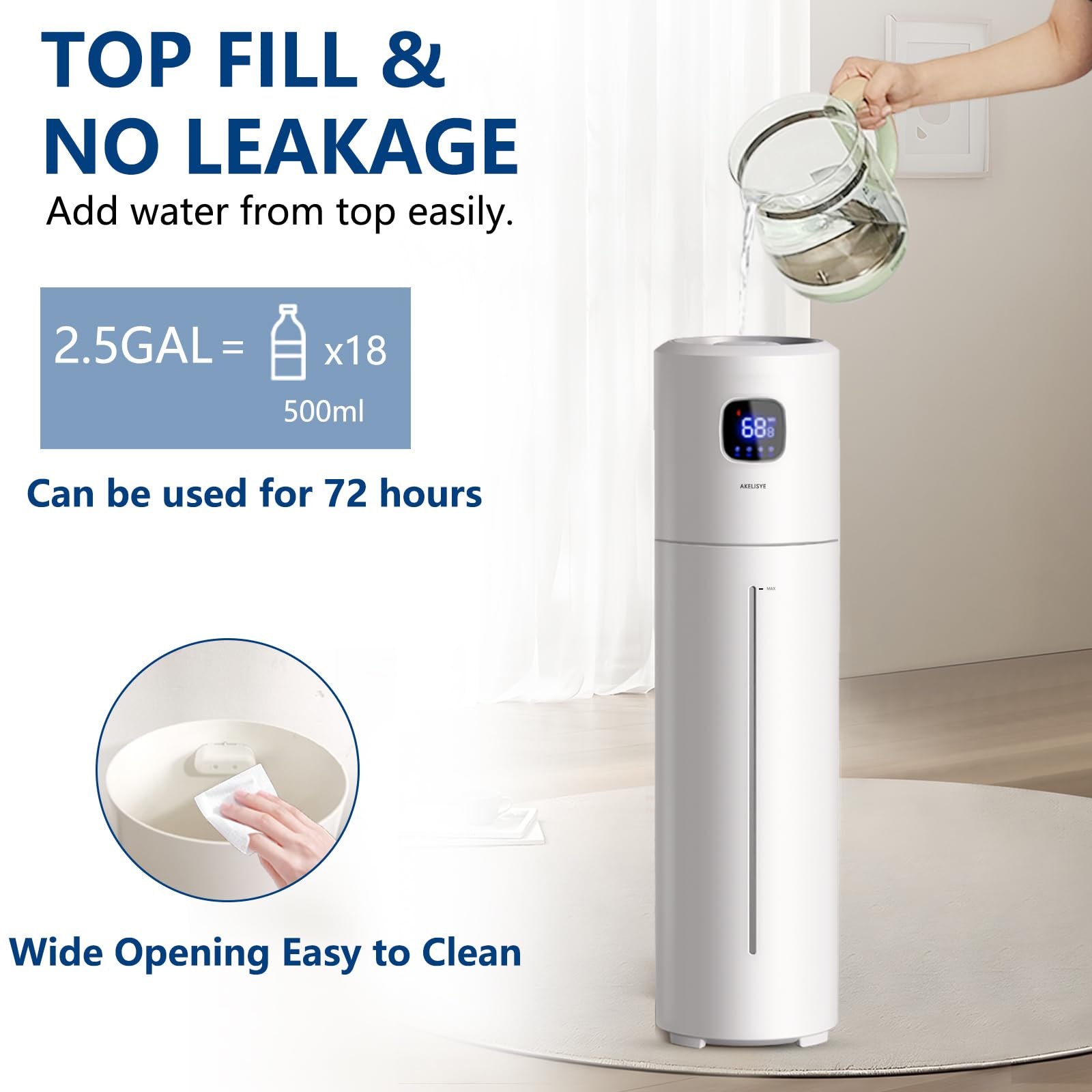 AKELISYE 9L/2.5Gal Large Humidifiers for Large Bed Room, Ultrasonic Cool Mist Top Fill Humidifier with 350ML/H Large Mist Speed, Remote, Quiet Tower Humidifier for Baby Home Plant Yoga Sleep Office