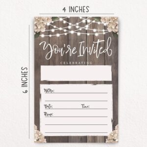 Bridal Shower Rustic Party Invitations - 20 Invites With Envelopes - Wood With String Lights Design - Wedding Reception, Engagement Party, Rehearsal Dinner Party, Milestone Birthday or Housewarming