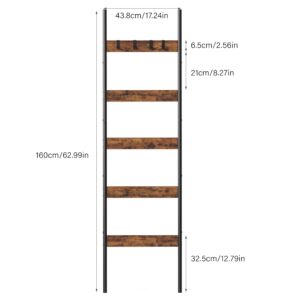 Vantimo Blanket Ladder, 5-Tier Towel Holder with 4 Removable Hooks, Farmhouse Wall Leaning Decorative Rack Shelf, Wooden Towel Display Rack, Quilt Ladder for Living Room, Bedroom