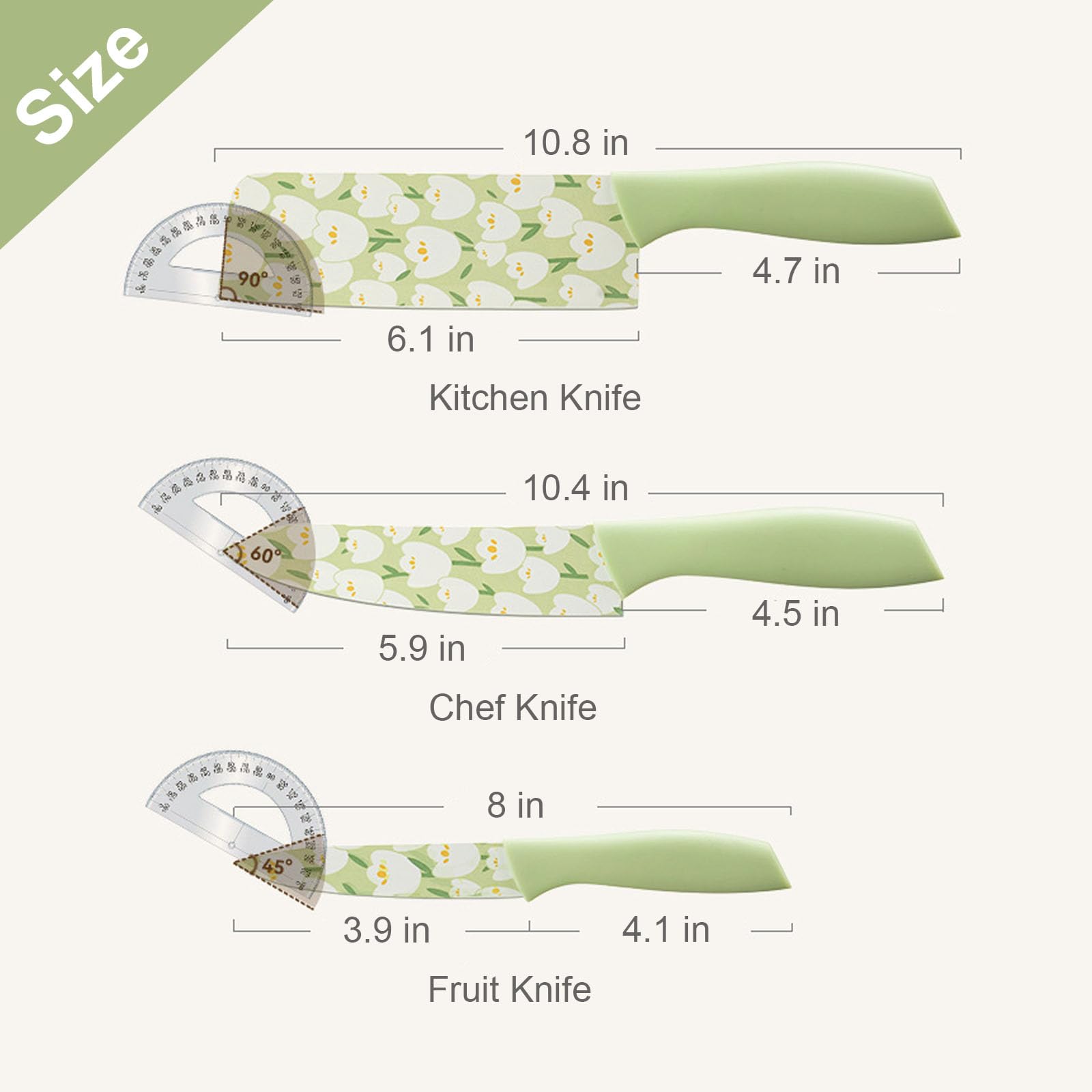 WREWING Kitchen Knife Set, 3 Pieces Green Flower Coated Knife Set with Cover, Stainless Steel Non-Stick Chef Knives Set with Ergonomic Plastic Handle, Lightweight Kitchen Knives for Mother Women Girl