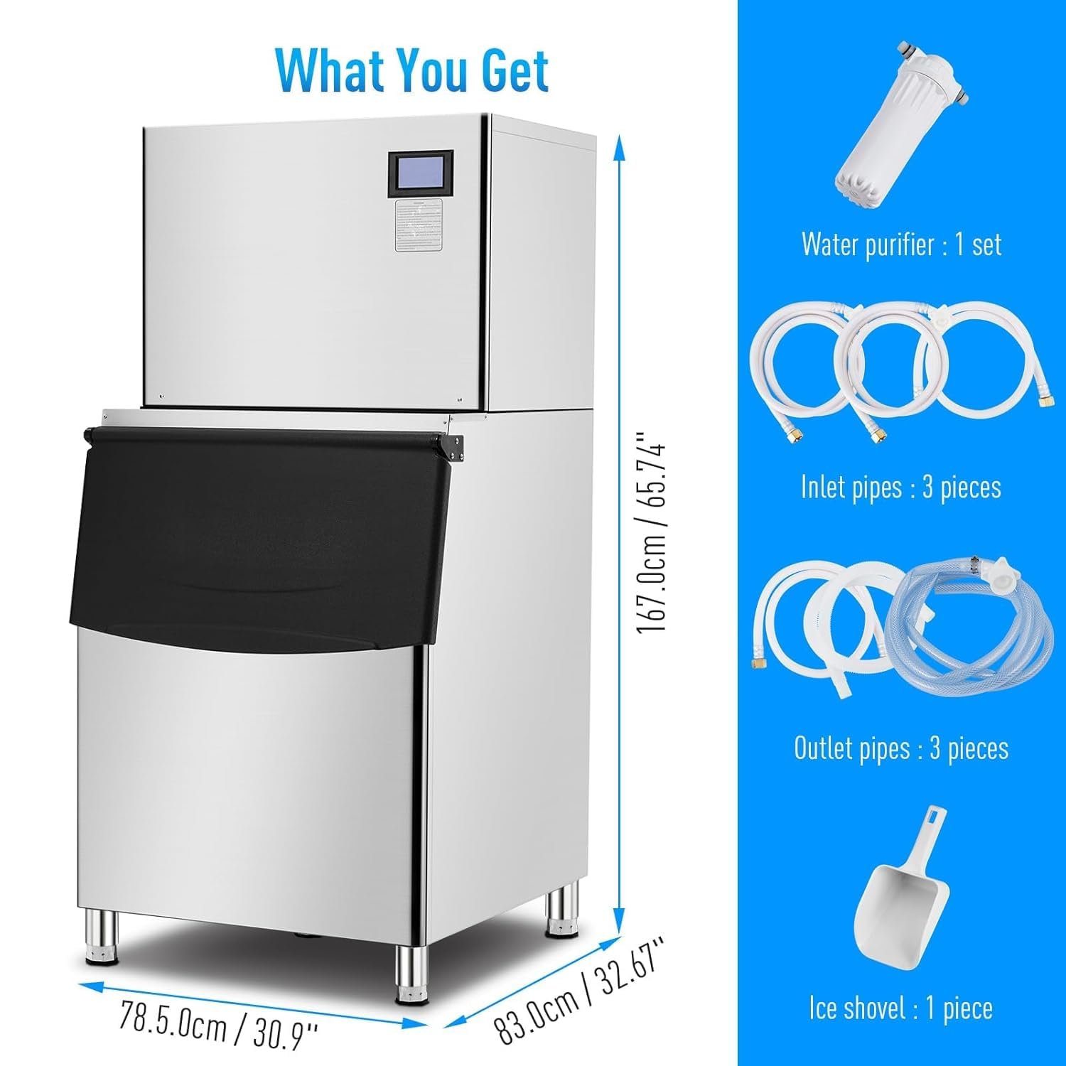 Zstar 600LBS/24H Commercial Ice Maker Machine, Freestanding Large Ice Maker with 350LBS Ice Storage Bin, Ice Ready in 5-15min, Stainless Steel Industrial ice Machine for Commercial Restaurant Cafe Bar