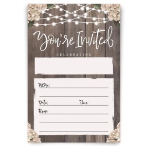 bridal shower rustic party invitations - 20 invites with envelopes - wood with string lights design - wedding reception, engagement party, rehearsal dinner party, milestone birthday or housewarming