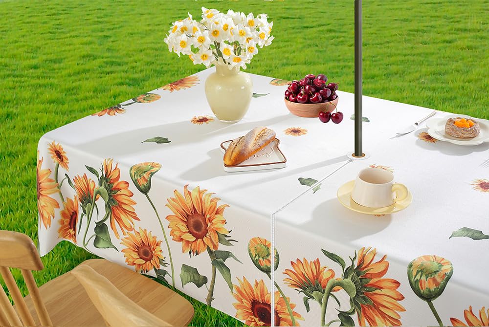 MATIRUG Outdoor Sunflower Tablecloths with Umbrella Hole,Zipper 60x102 Inch Rctangluar, Spillproof Washable Watercolor Sunflower Floral Fabric Table Cloth,Table Cover for Picnic Dinner Patio