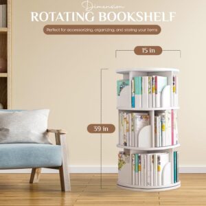 PrimeNex Rotating Bookshelf Tower 360° Display Bookcase, Floor Standing Book Shelf Storage Rack for Kids&Adult, Solid Wood Small Corner Bookshelf Organizer for Bedroom, Living Room- White (3 Tier)