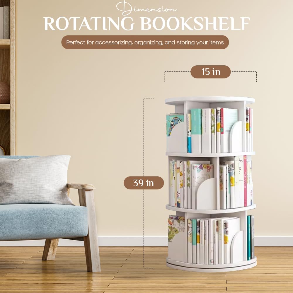 PrimeNex Rotating Bookshelf Tower 360° Display Bookcase, Floor Standing Book Shelf Storage Rack for Kids&Adult, Solid Wood Small Corner Bookshelf Organizer for Bedroom, Living Room- White (3 Tier)