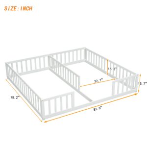 ROCKINGRUN Double Twin Size Montessori Floor Bed with Safety Guardrails, Solid Pine Wood Floor Shared Bed Frame with Fence, for Twins, Girls, Boys, Child Bedroom, Kids Playroom (White)