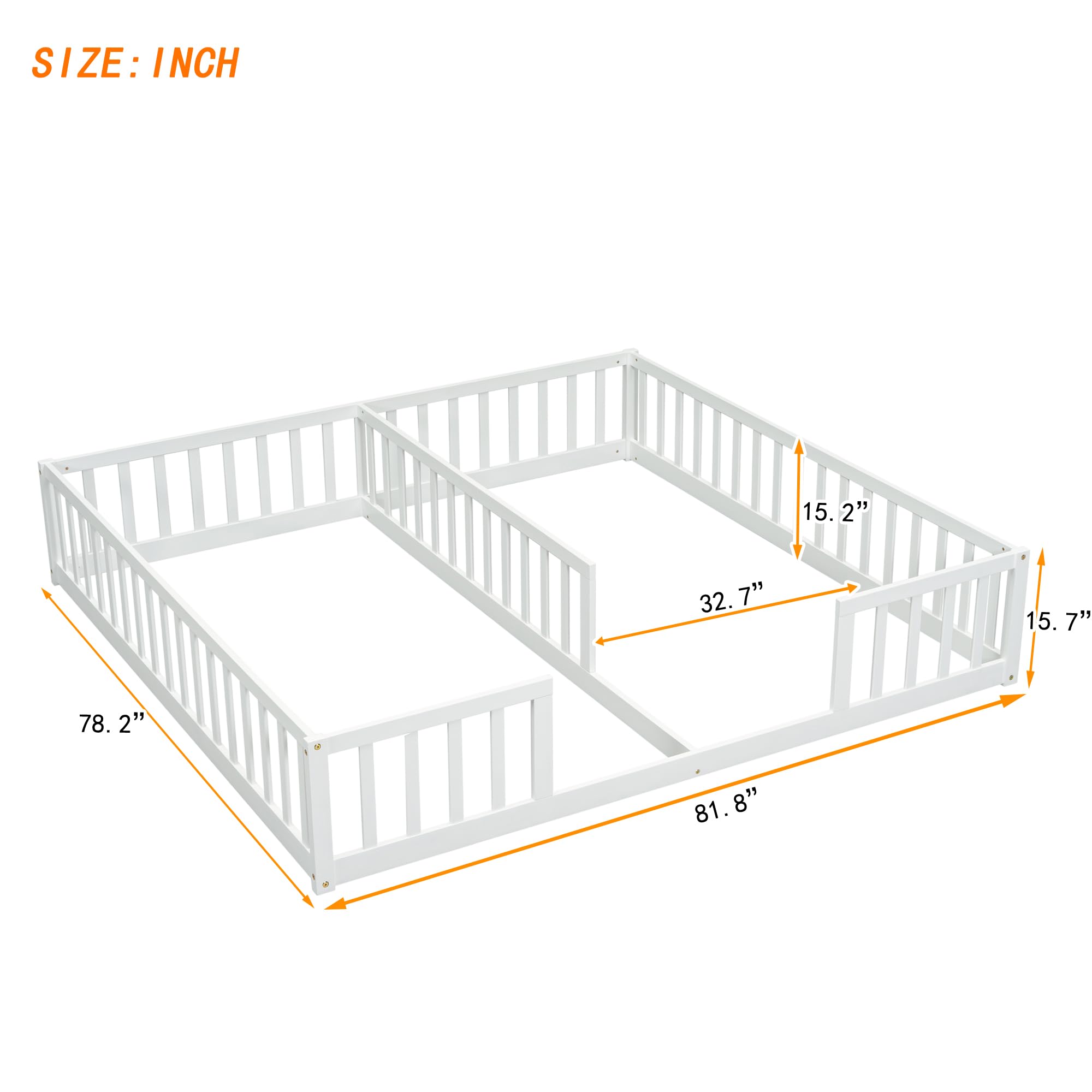 ROCKINGRUN Double Twin Size Montessori Floor Bed with Safety Guardrails, Solid Pine Wood Floor Shared Bed Frame with Fence, for Twins, Girls, Boys, Child Bedroom, Kids Playroom (White)