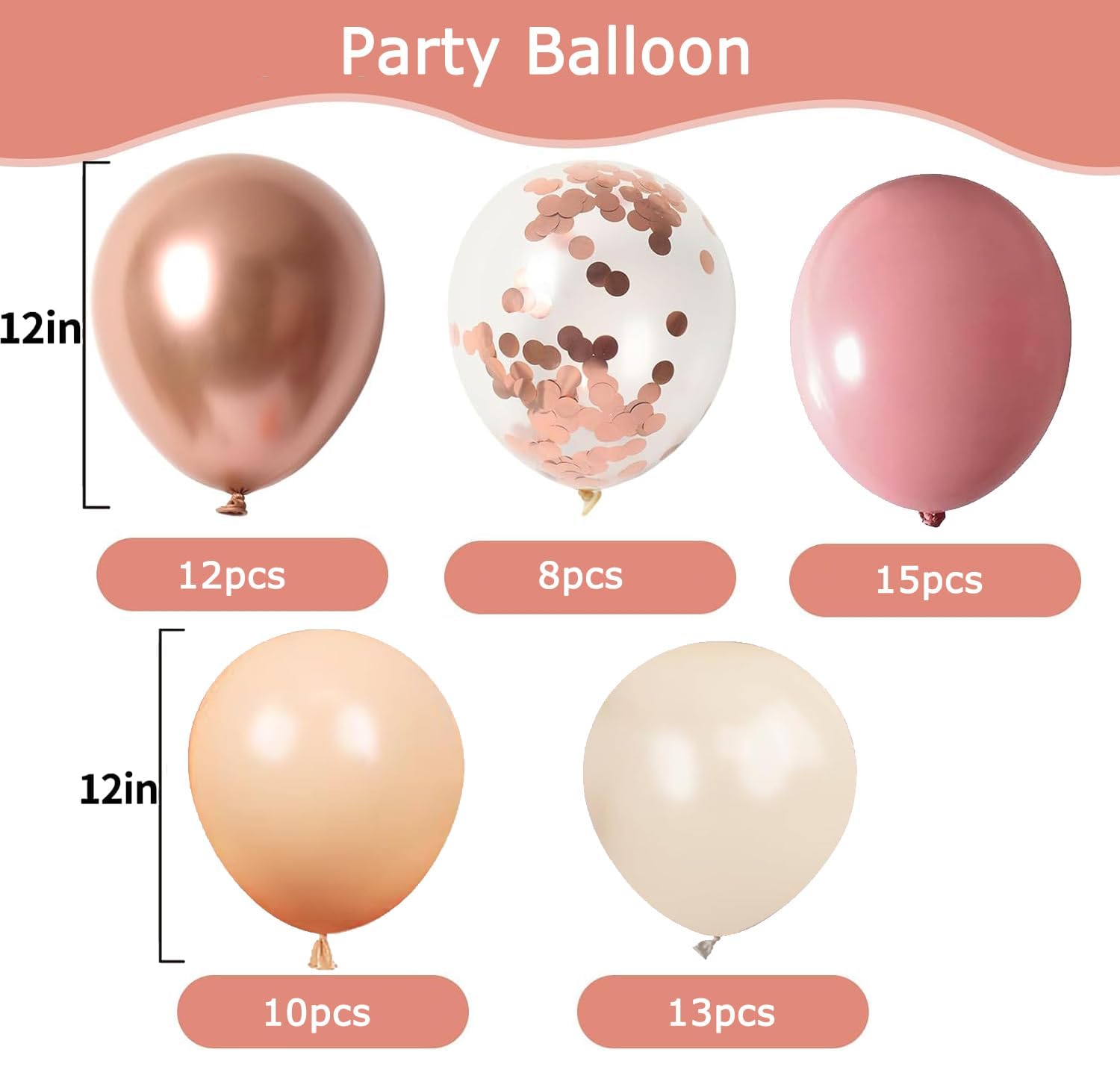 Blush Dusty Pink Balloons, 60Pcs Retro Pink Rose Gold Balloon, 12Inch Metallic Confetti Rose Gold Cream Nude Balloon for Girls Birthday Bridal Baby Shower Wedding Boho Party Decoration