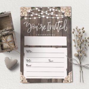 Bridal Shower Rustic Party Invitations - 20 Invites With Envelopes - Wood With String Lights Design - Wedding Reception, Engagement Party, Rehearsal Dinner Party, Milestone Birthday or Housewarming