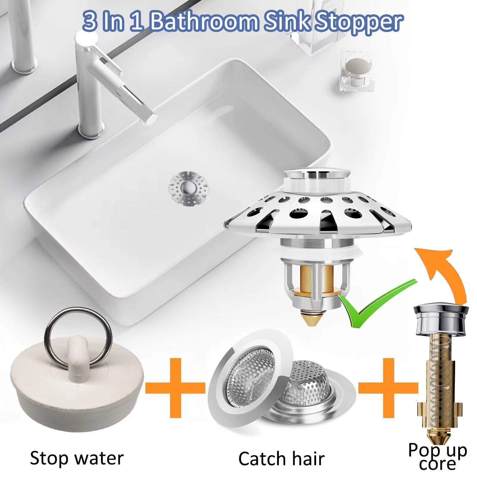 AzWzz 1 PCS Bathroom Sink Drain Stopper with Strainer and 1 PCS Bathtub Drain Stopper with Drain Hair Catcher, 3 in 1 Feature, All Brass Plating Process