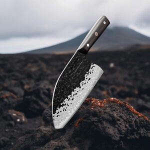 The Cooking Guild Serbian Cleaver Knife - Hand Forged Japanese Damascus Steel Butcher Cleaver for Meat and Vegetables - Rustic Knife with Sheath - Perfect for Outdoor and Kitchen