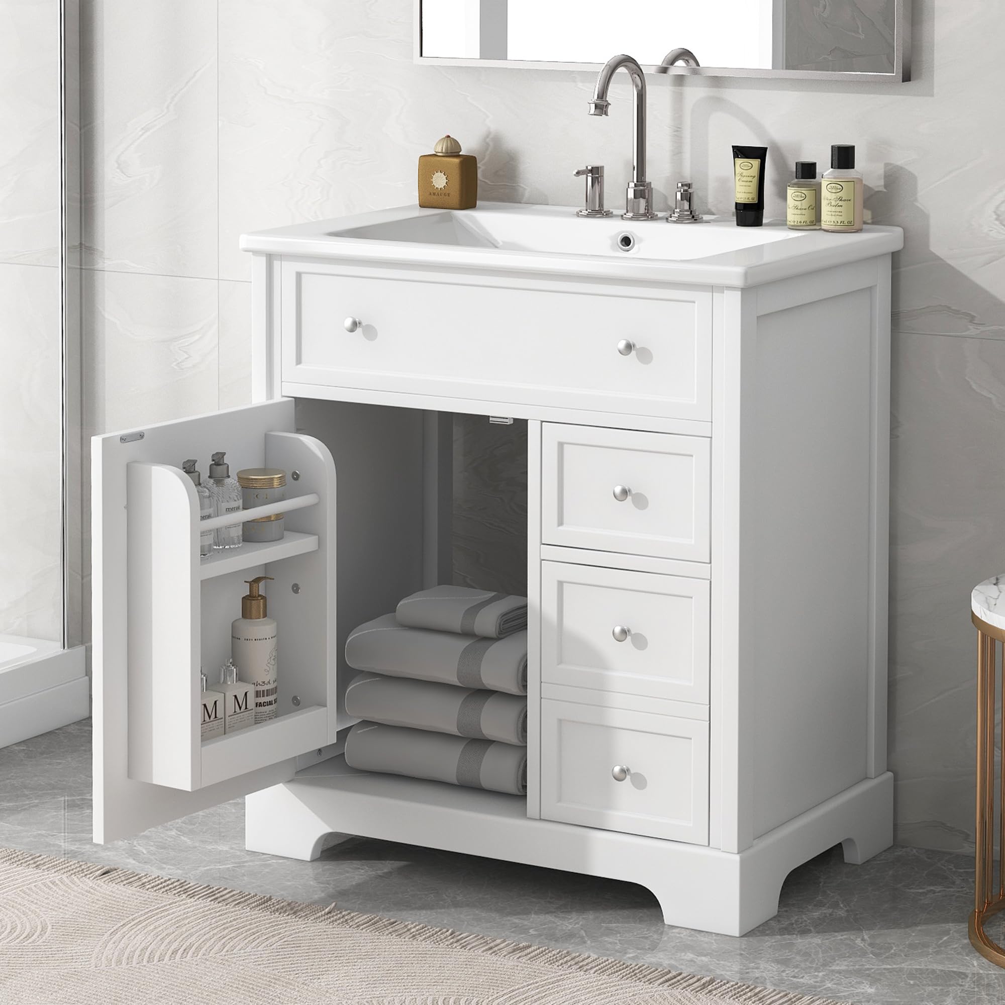 CuisinSmart 30" Bathroom Vanity with Sink Top, Bathroom Storage Cabinet Modern Design Solid Wood Frame Bath Vanity with One Door and Two Drawers White