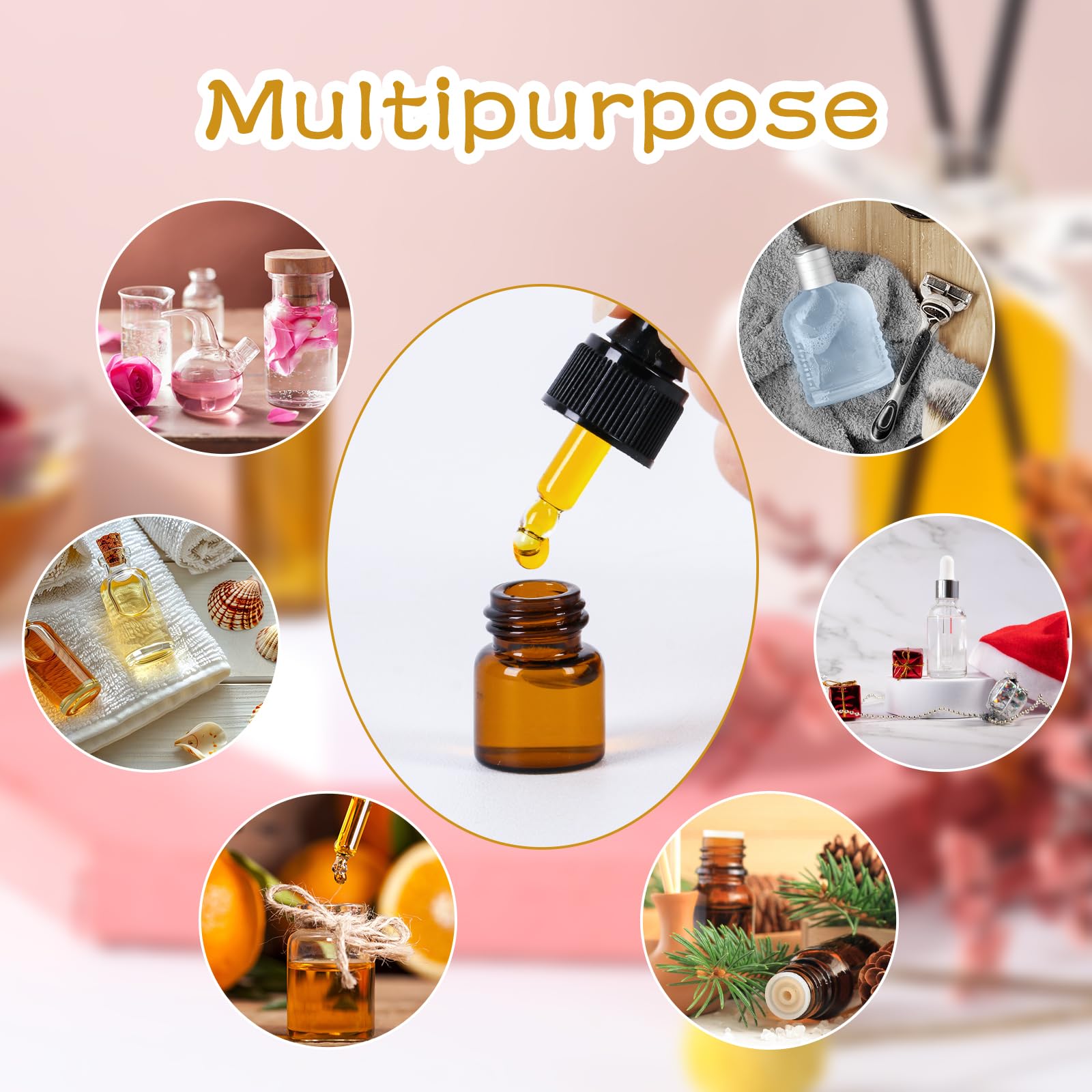 STARSIDE 50 pcs 1 ml Glass Essential Oil Dropper Bottles,1/4 Dram Amber Mini Perfume Dropping Bottle Cosmetic Sample Vials,Small Essential Oil Bottle