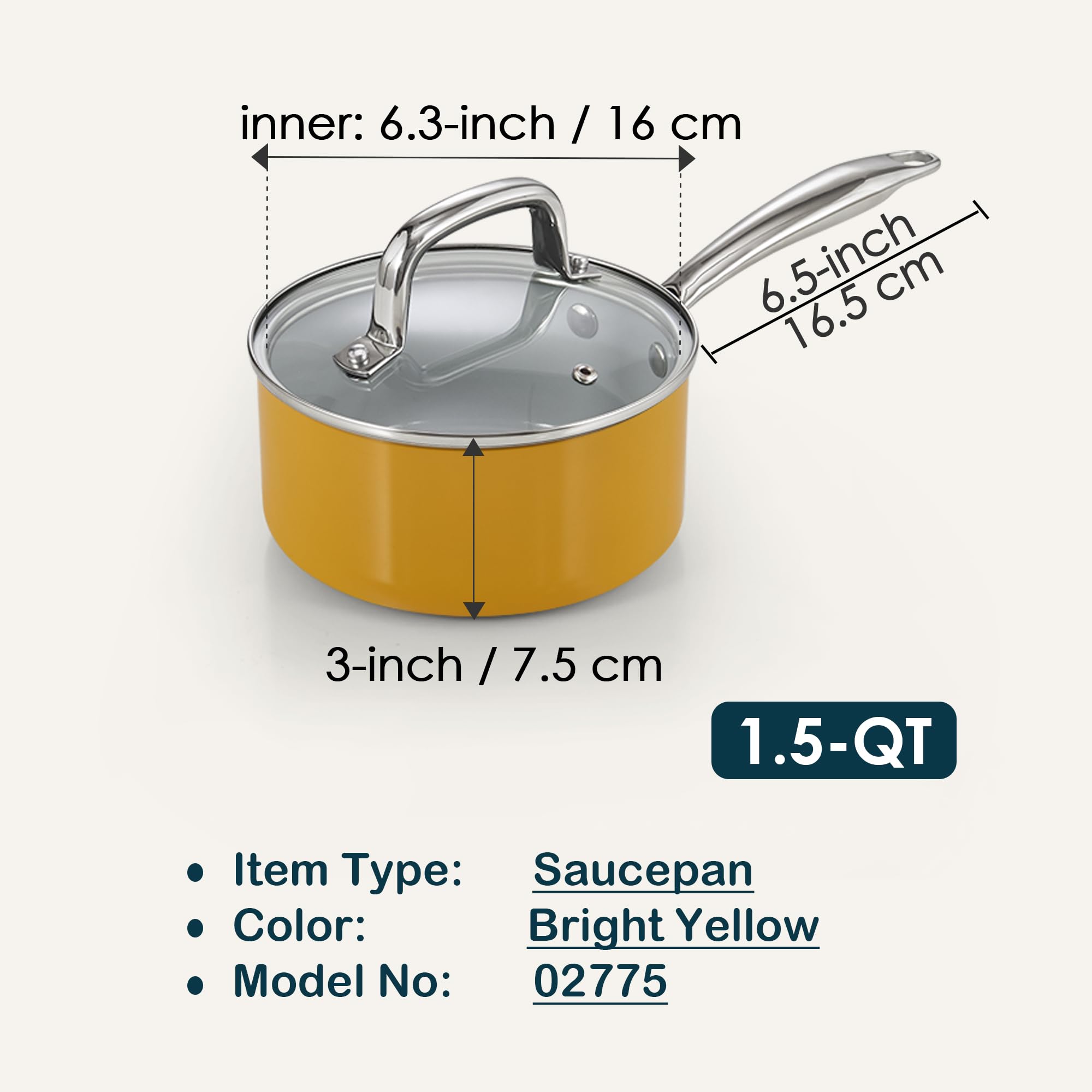 Cook N Home Nonstick Sauce Pan with Glass Lid, 1.5-Quart Small Saucepan Hard Anodized Non Stick Ceramic Cookware, Induction Cooking Pots and Pans with Stay-Cool Handles, Cacerola, Yellow