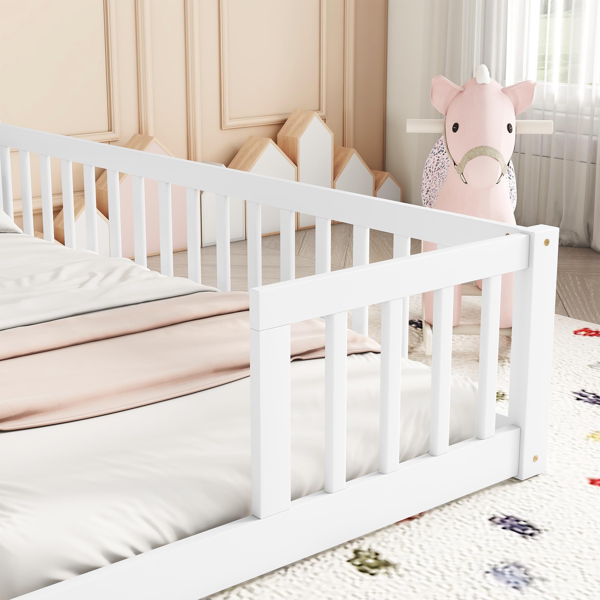 ROCKINGRUN Double Twin Size Montessori Floor Bed with Safety Guardrails, Solid Pine Wood Floor Shared Bed Frame with Fence, for Twins, Girls, Boys, Child Bedroom, Kids Playroom (White)