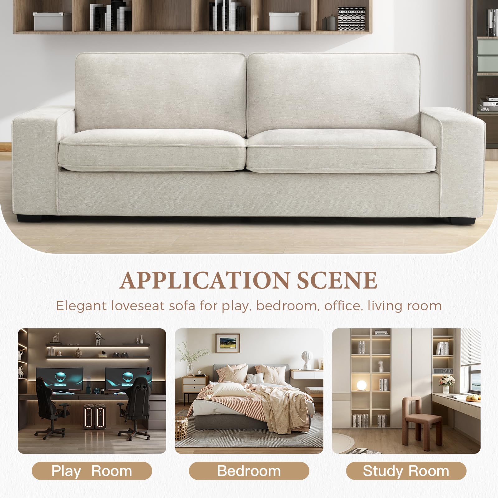 EASELAND Sofa Couch, 88" Chenille Loveseat for Living Room, 3 Seater Lounge Sofa for Bedroom with Removable Back and Seat Cushions, Modern Deep Seat Comfy Couch with Solid Wood Legs and Armrest(Beige)