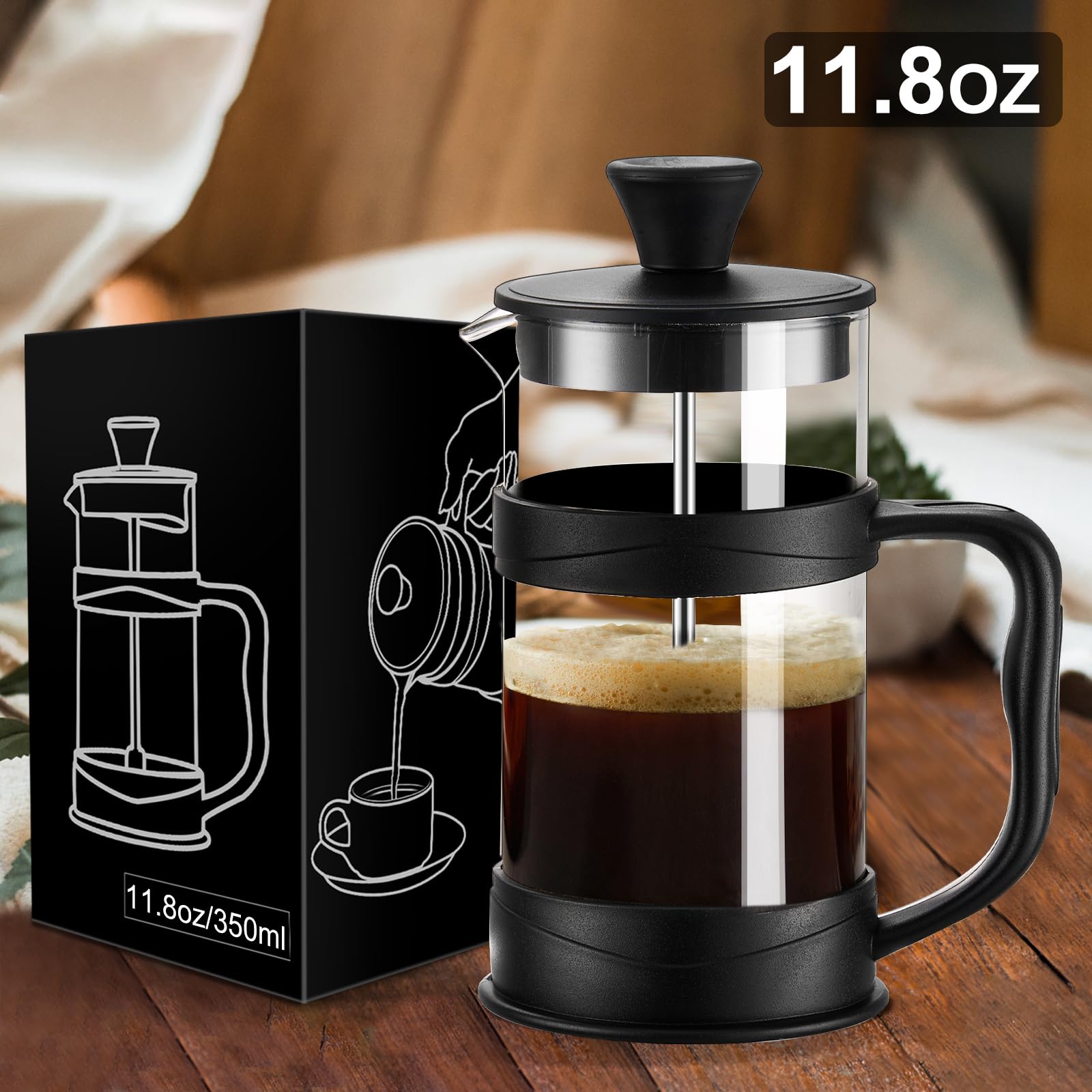 gegewawa French Press Coffee Maker, Coffee Press of 18/8 Stainless Steel Filter 11.8 OZ, Mini Camping French Press for Travel& Home Gift(Black)