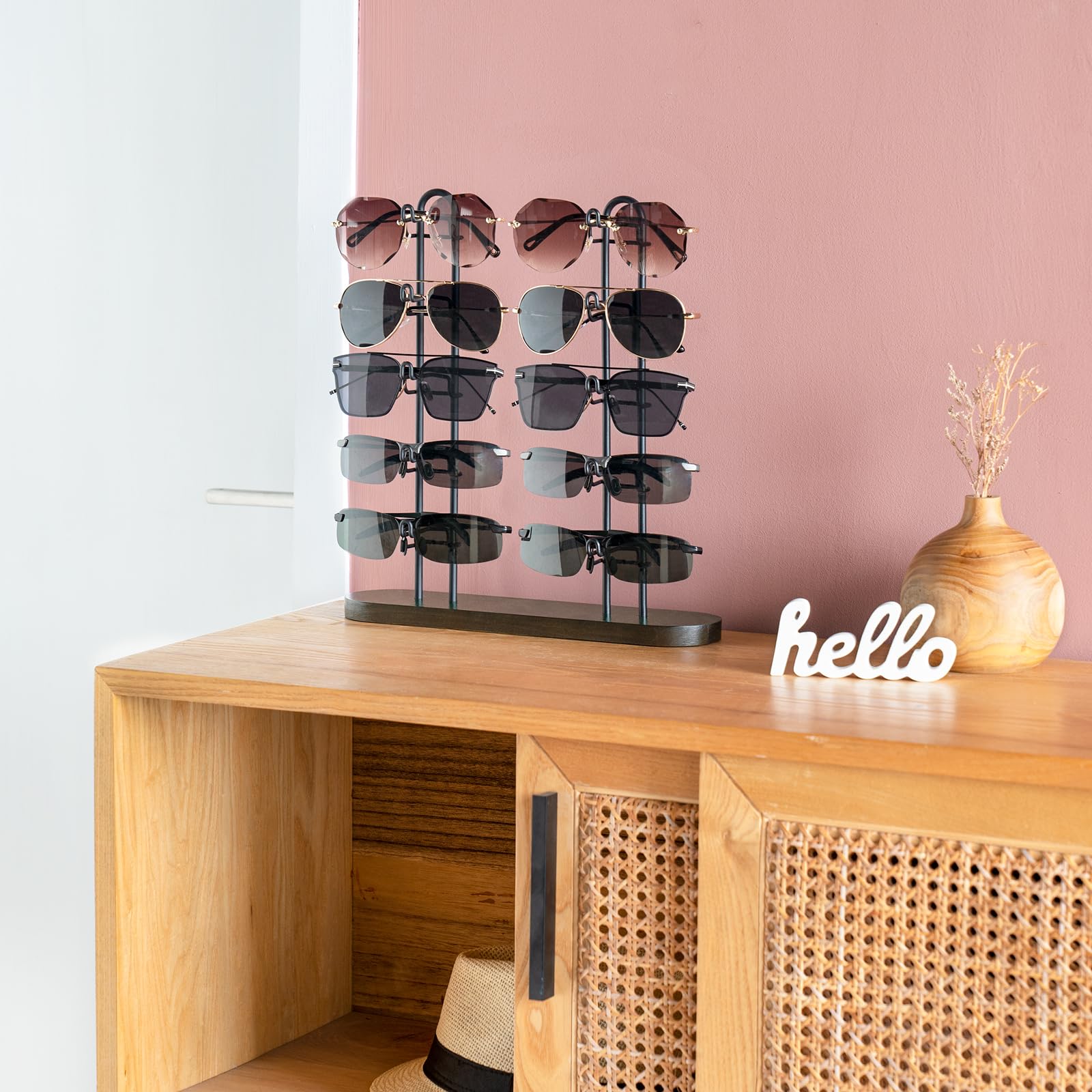 Mkono Sunglasses Organizer for 10 Pairs of Eyewear Glasses Holder Display Stand Sunglass Storage Eyeglasses Rack Double Metal Frames with Wood Base for Table Desk Countertop Dresser Bedroom