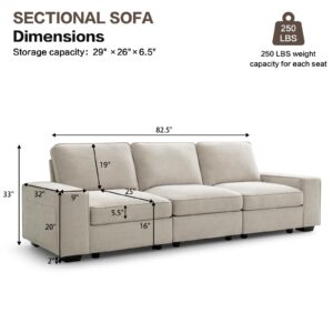 LEISLAND 100” Deep Seat Sofa Couch with Storage, Modular Sectional Cloud Sofa Couches for Living Room, Chenille Couches and Sofas with Low-Back Cushion and Detachable Cover(Beige)