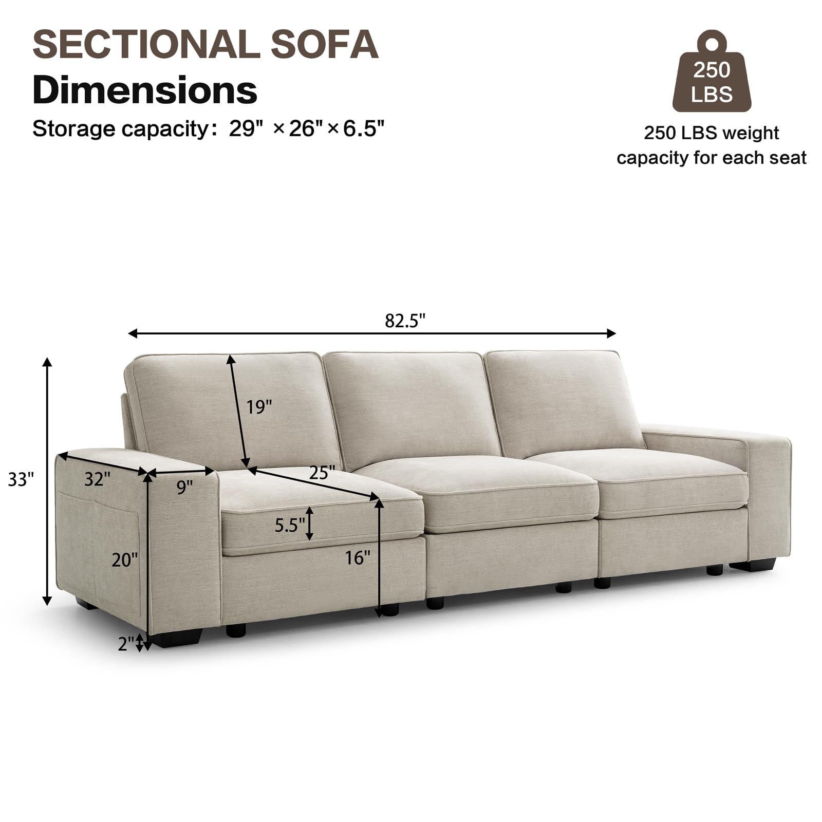 LEISLAND 100” Deep Seat Sofa Couch with Storage, Modular Sectional Cloud Sofa Couches for Living Room, Chenille Couches and Sofas with Low-Back Cushion and Detachable Cover(Beige)