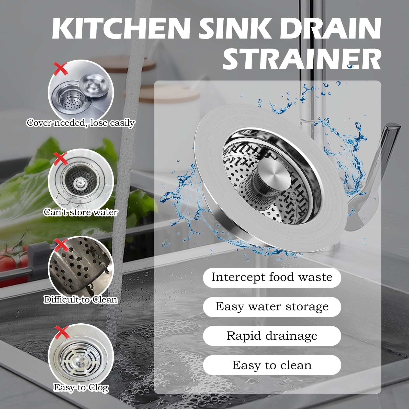 NileHome Kitchen Sink Drain Strainer, 3 in 1 Sink Strainer Stopper Fits US Standard 3-1/2" Drains Sink Strainer with 304 Stainless Steel Pop Ups Anti-Blocking Anti-Rust High Temperature Resistant