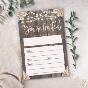 Bridal Shower Rustic Party Invitations - 20 Invites With Envelopes - Wood With String Lights Design - Wedding Reception, Engagement Party, Rehearsal Dinner Party, Milestone Birthday or Housewarming